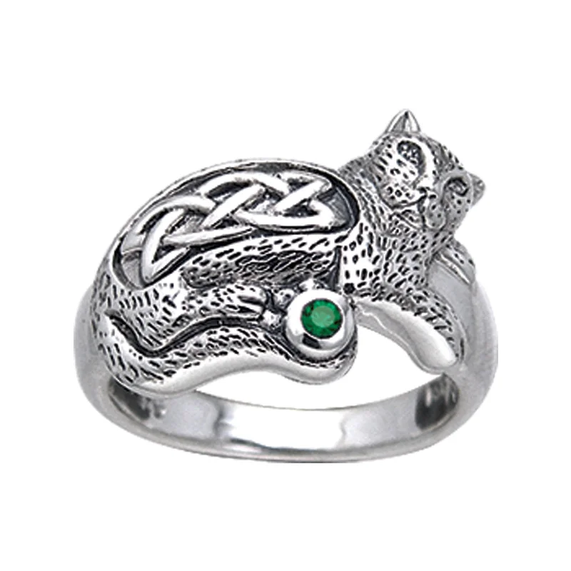 Sterling Silver Celtic Knot Green Glass Cat Ring