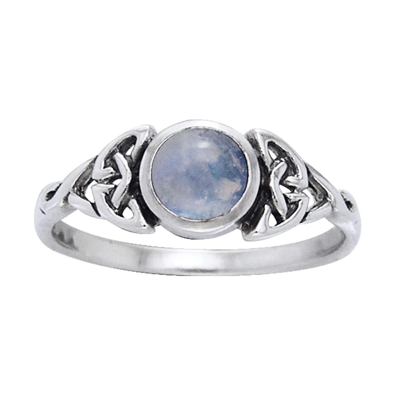 Genuine Rainbow Moonstone Celtic Knot Ring with Round Gemstone Sterling Silver