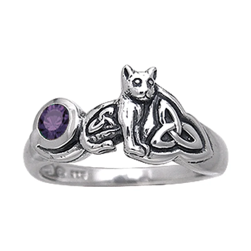 Sterling Silver Celtic Knotwork Amethyst Cat Kitten Ring