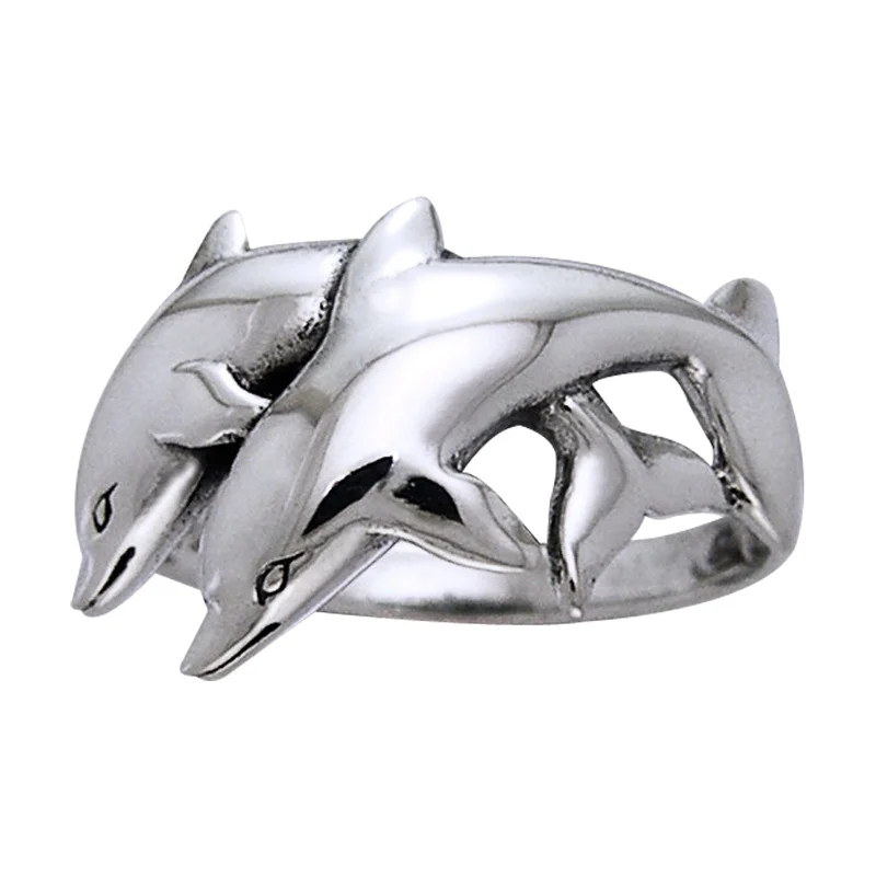 Sterling Silver Playing Twin Dolphins Ocean Nautical Ring