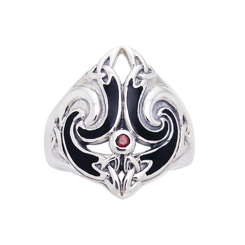 Celtic Anchor Ring | Genuine Garnet | Sterling Silver and Black Enamel