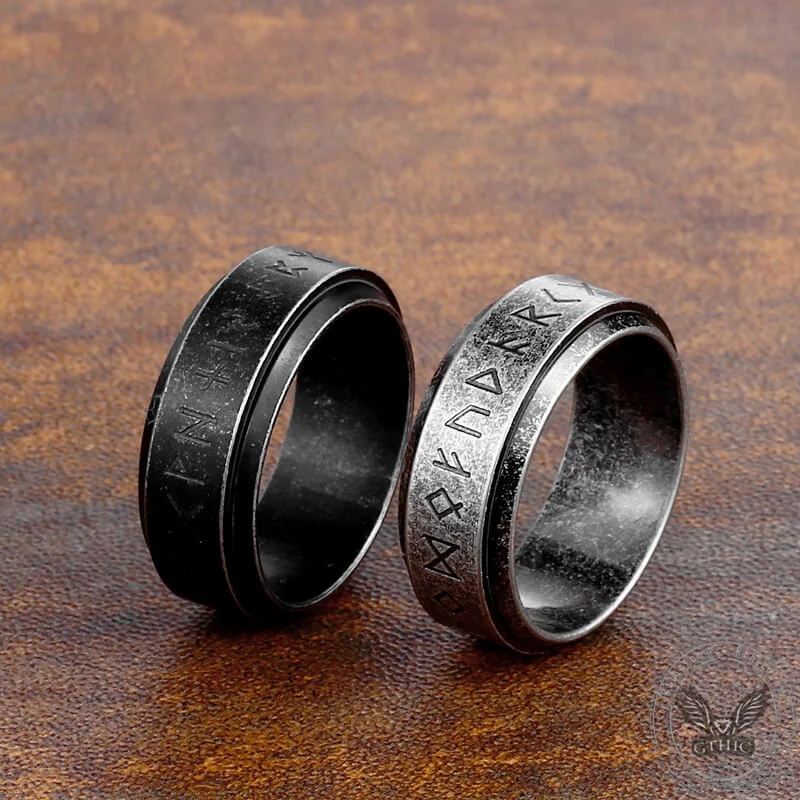 Viking Runes Carved Stainless Steel Spinner Ring