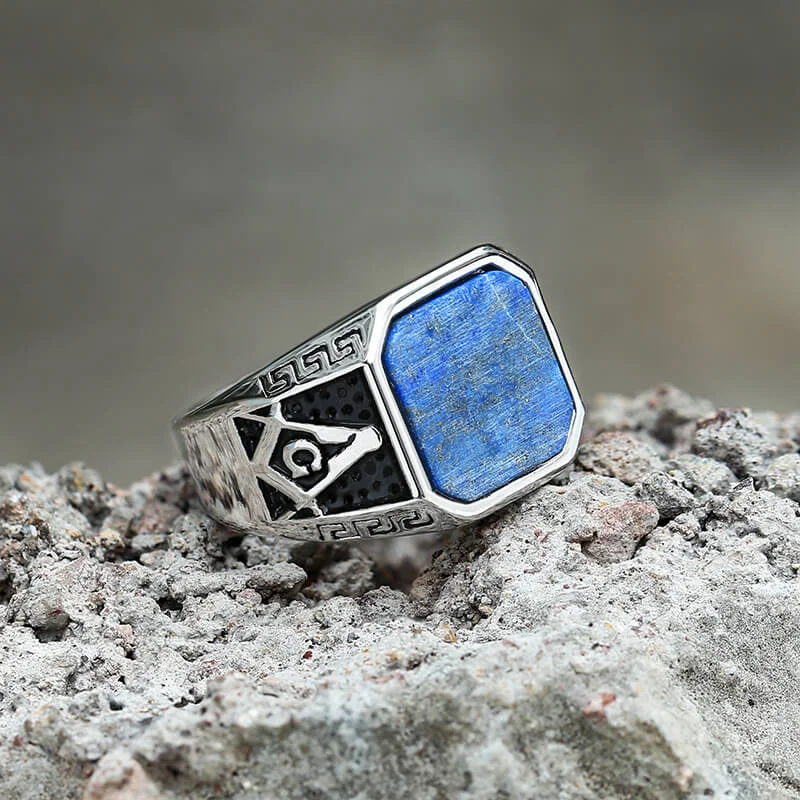 Vintage Frosted Lapis Lazuli Masonic Stainless Steel Ring