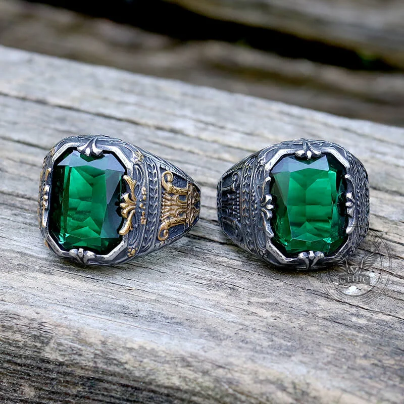 Vintage Patterns Green Zircon Stainless Steel Ring