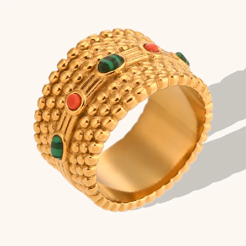 Wholesale Colorful Natural Stone Polka Dot Stainless Steel Gold Plated Rings