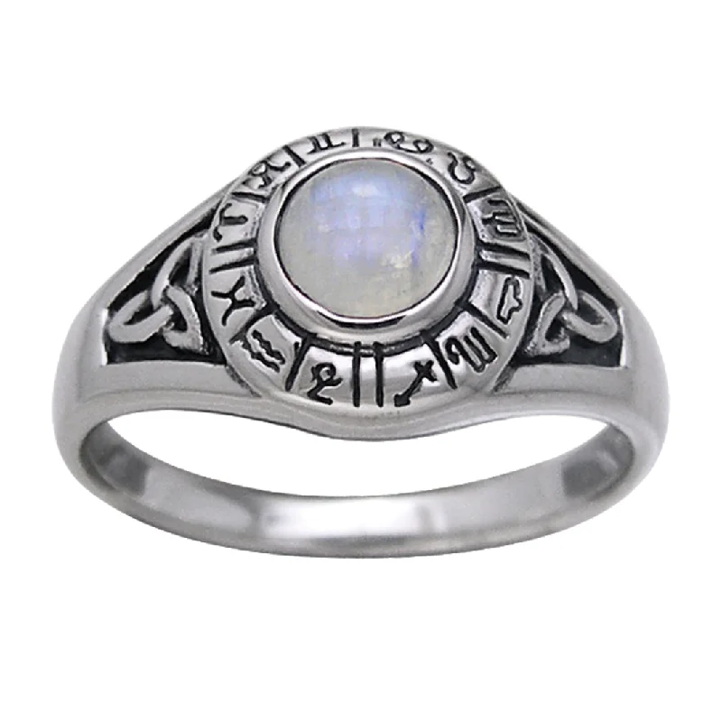 Zodiac Wheel Silver Celtic Knot Moonstone Ring