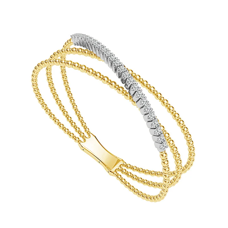 14K Two Tone Triple Row Diamond Beaded Flex Bangle