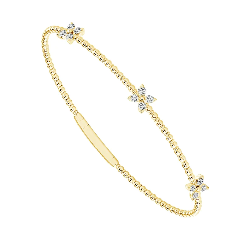 14K Yellow Gold Floral Diamond Station and Beaded Bangle