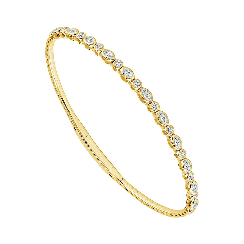 14K Yellow Gold Marquise and Round Diamond Bezel Set Bangle