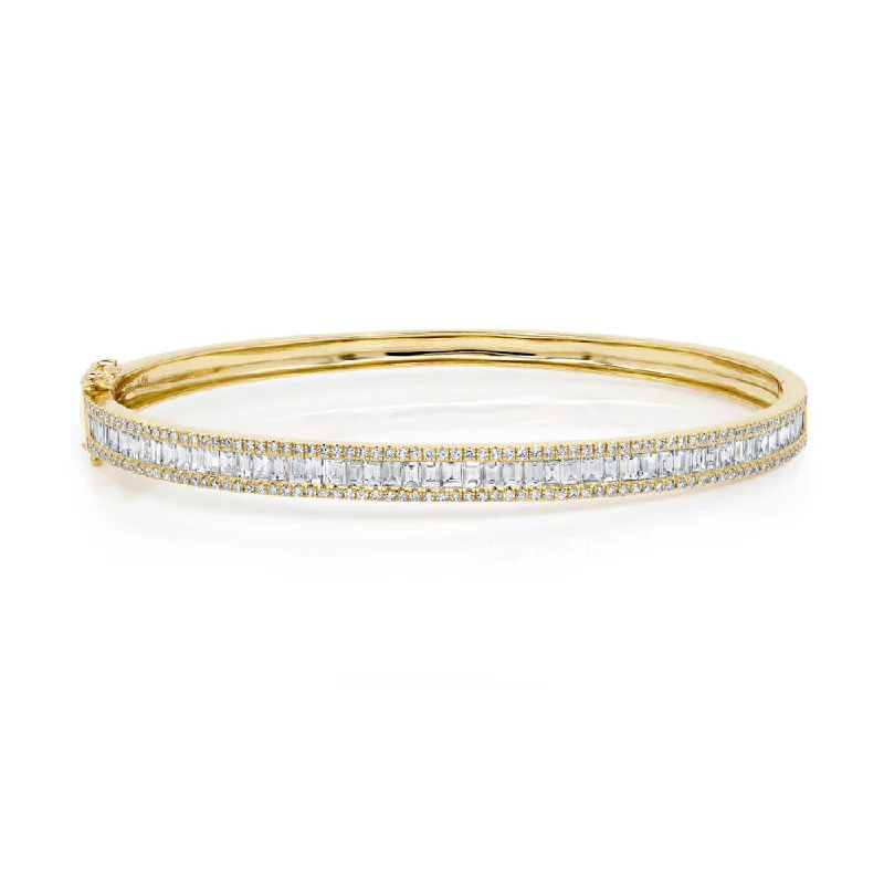 14K Yellow Gold Baguette and Pave Diamond Bangle