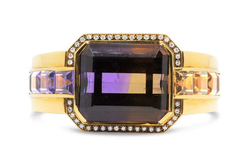 18KT YELLOW GOLD AMETRINE AND DIAMOND BANGLE