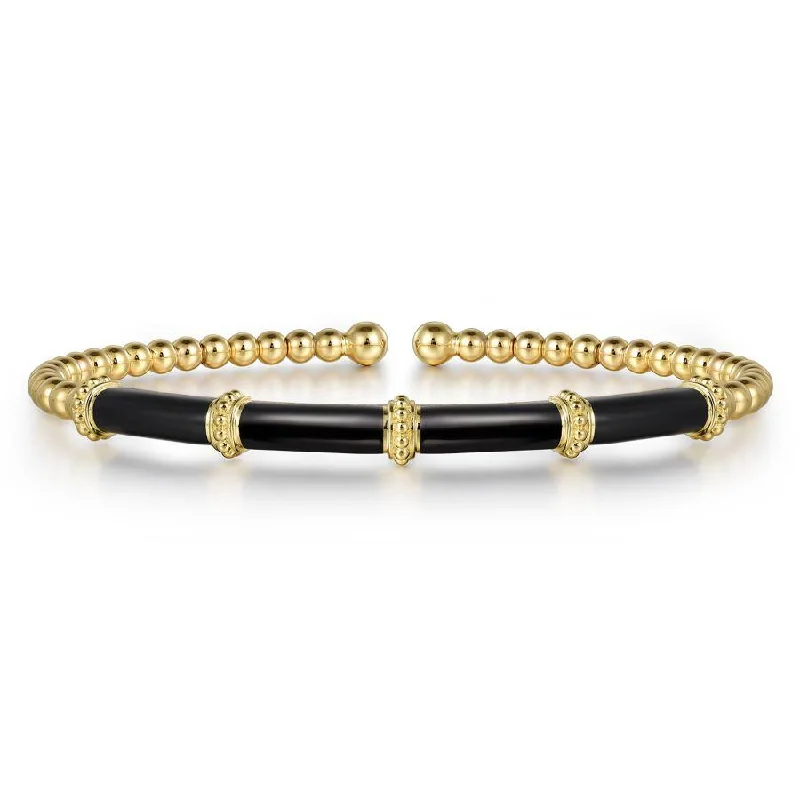 14K Yellow Gold Bujukan Beads Split Bangle with Black Enamel