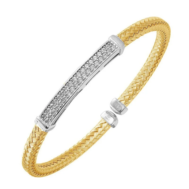 CZ Gold Plated Silver 4mm Mesh Cuff Bangle