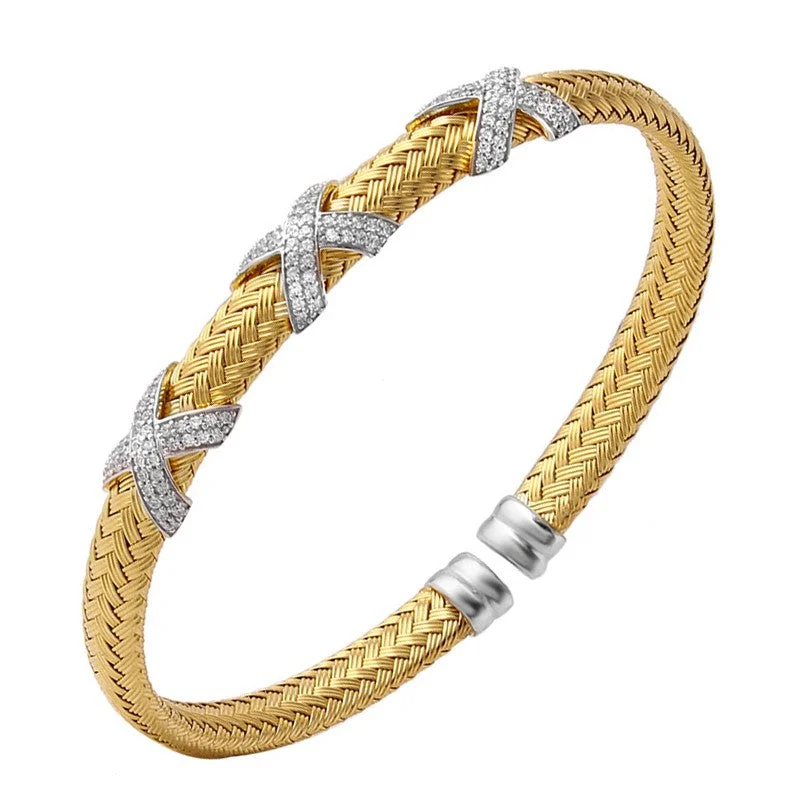 CZ Gold Plated Silver 6mm Mesh Cuff Bangle