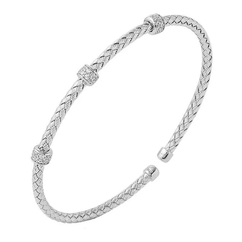 CZ Rhodium Plated Silver 3mm Mesh Cuff Bangle