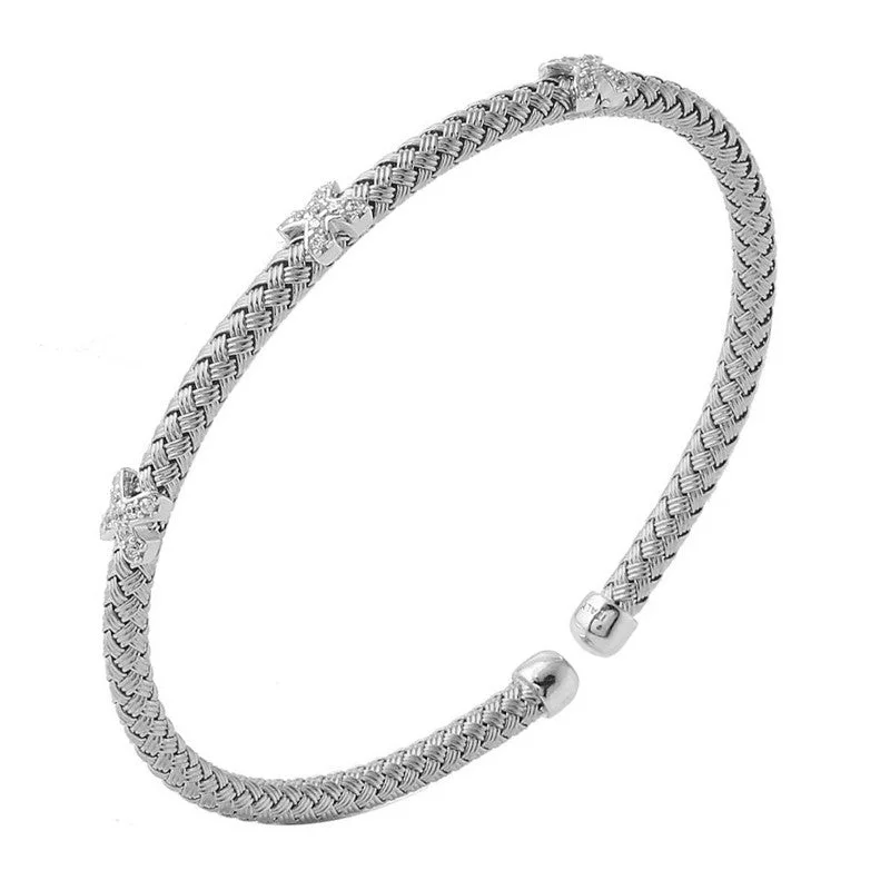 CZ Rhodium Plated Silver 4mm Mesh Cuff Bangle