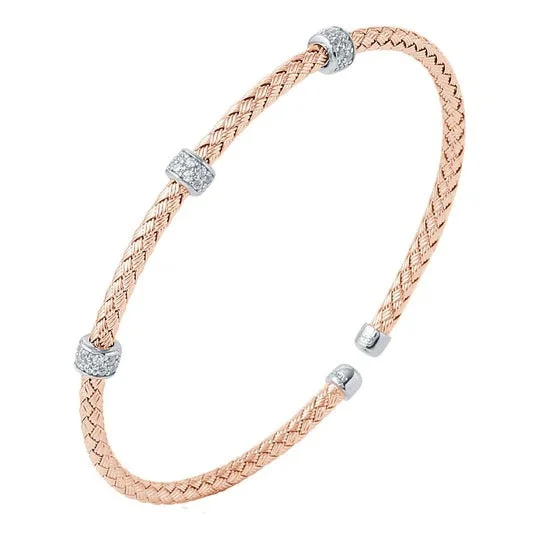 CZ Rose Gold Plated Silver 3mm Mesh Cuff Bangle