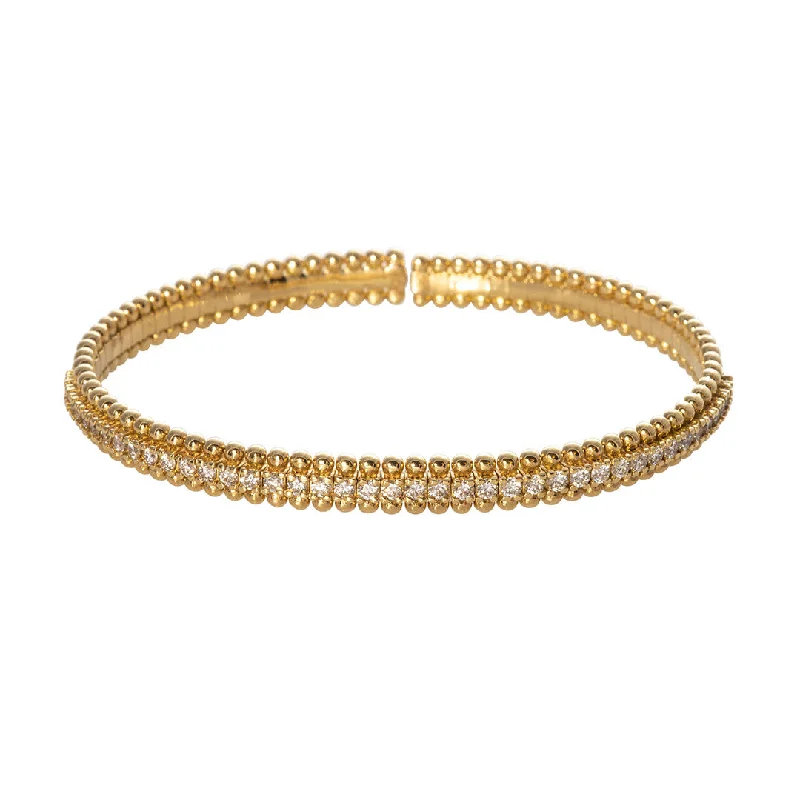 Diamond 18K Yellow Gold Bead Edge Flexible Cuff Bangle