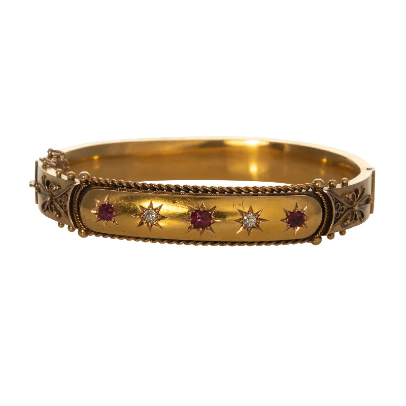 Edwardian Ruby & Diamond 15K Yellow Gold Bangle