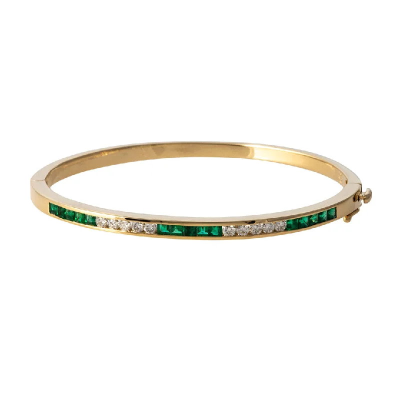 Emerald & Diamond Channel Set 14K Yellow Gold Bangle