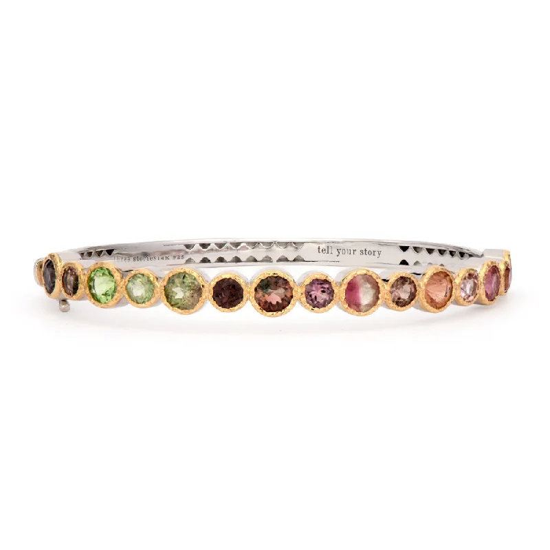 Multi Color Tourmaline Bezel Set Two Tone Bangle