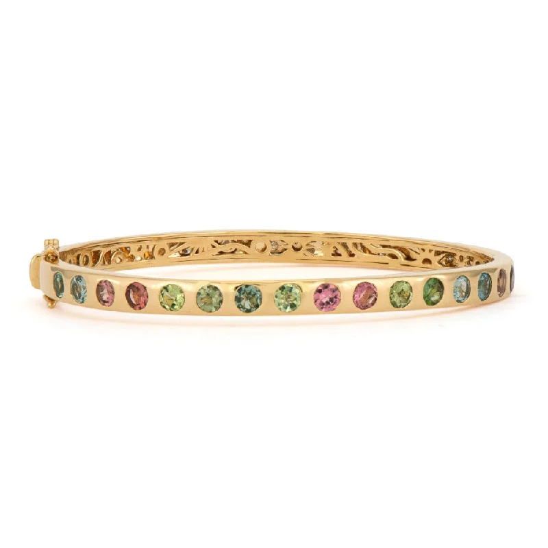 Multi Color Tourmaline & Diamond 14K Gold Bangle