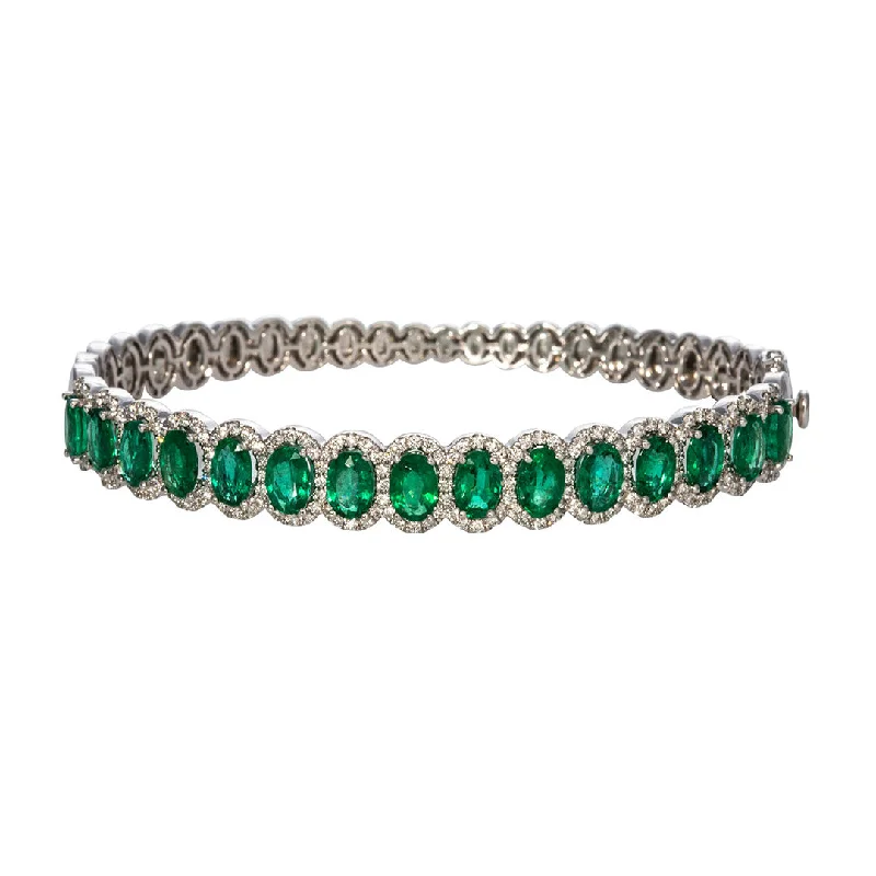 Oval Emerald & Diamond Halo 14K White Gold Bangle