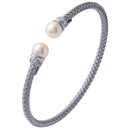 Pearl & CZ Gold Plated Silver 4mm Mesh Cuff Bangle