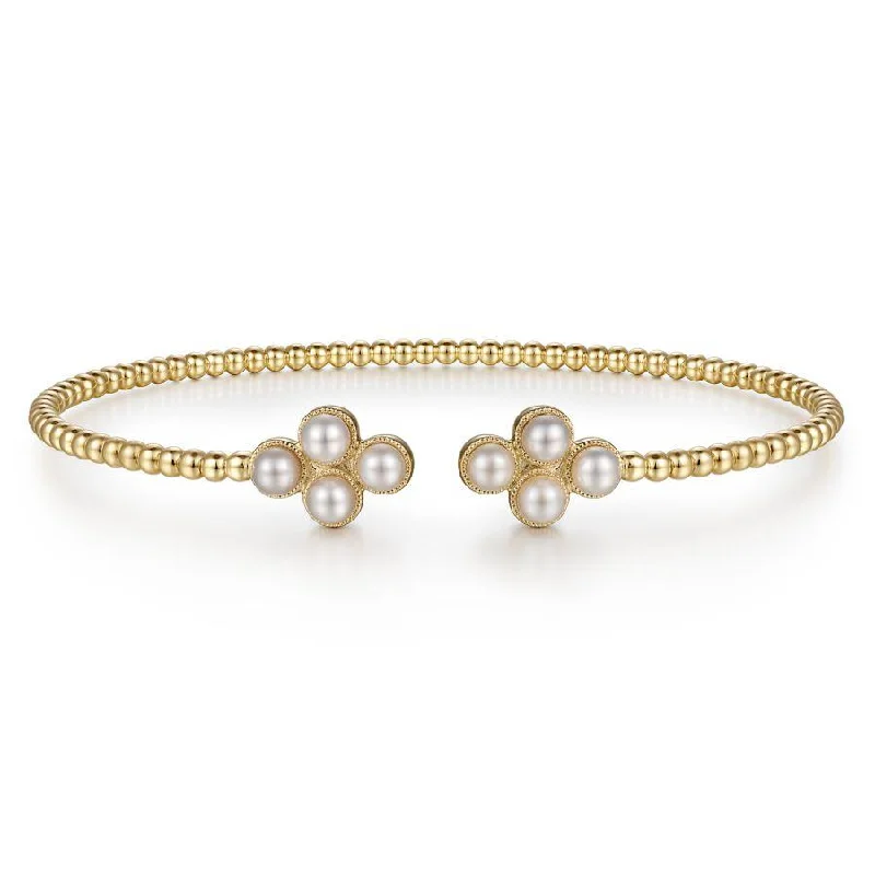 14K Yellow Gold Pearl Bujukan Open Bangle