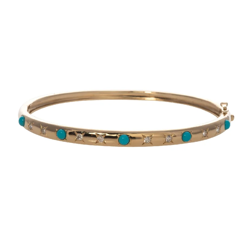 Star Set Turquoise & Diamond 14K Yellow Gold Bangle