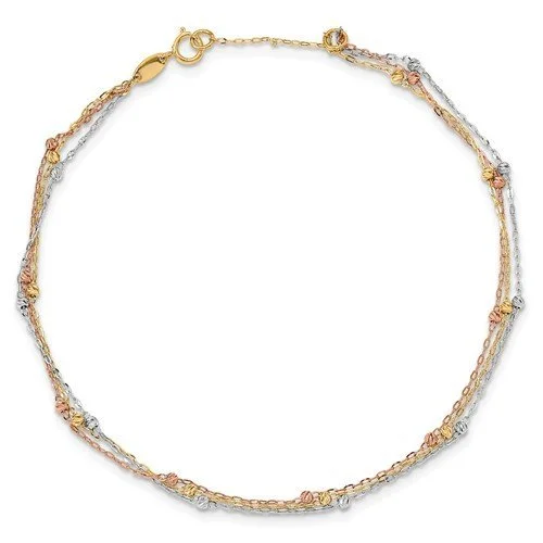 14KT TRI-COLOR GOLD 3-STRAND DIAMOND CUT BEADED ANKLET