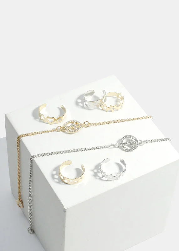 Sparkly Peace Sign Anklet & Toe Rings Set