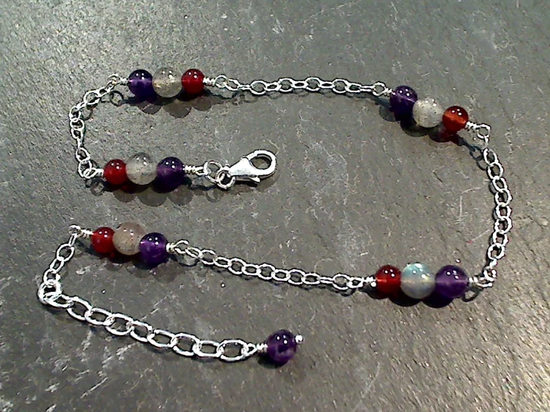 9" - 10" Amethyst, Carnelian, Labradorite, Sterling Silver Anklet