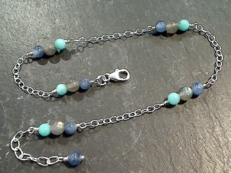 9" - 10" Kyanite, Amazonite, Labradorite, Sterling Silver Anklet