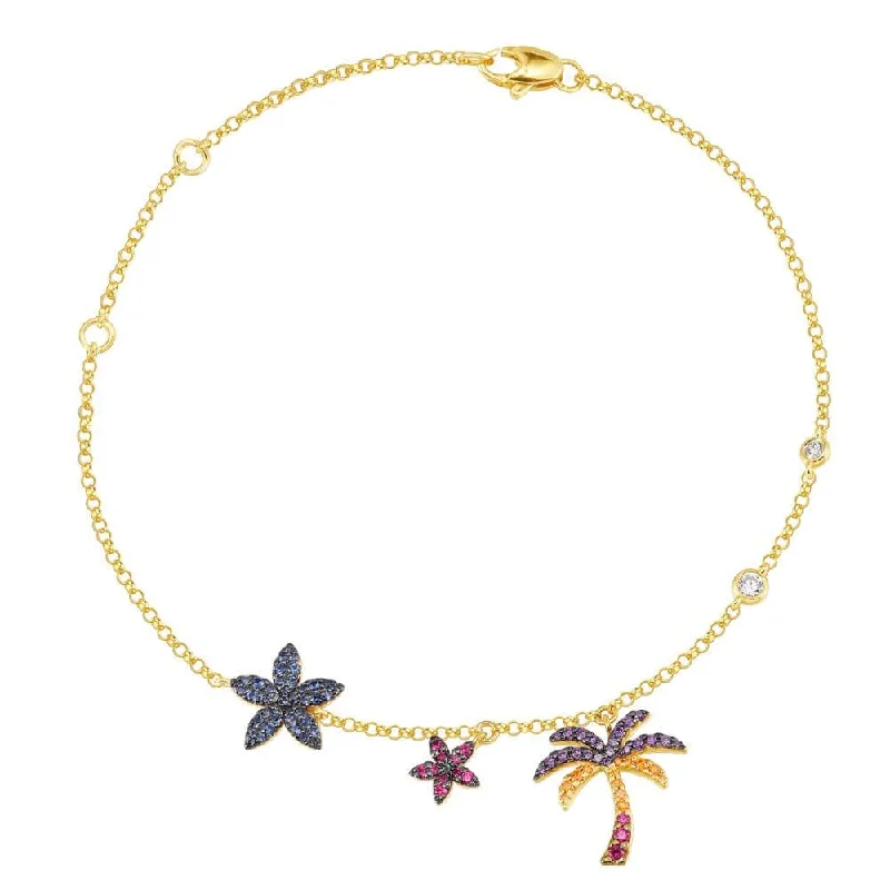 Tropical Floral and Palm Tree Adjustable Bracelet / Anklet - Yellow Silver